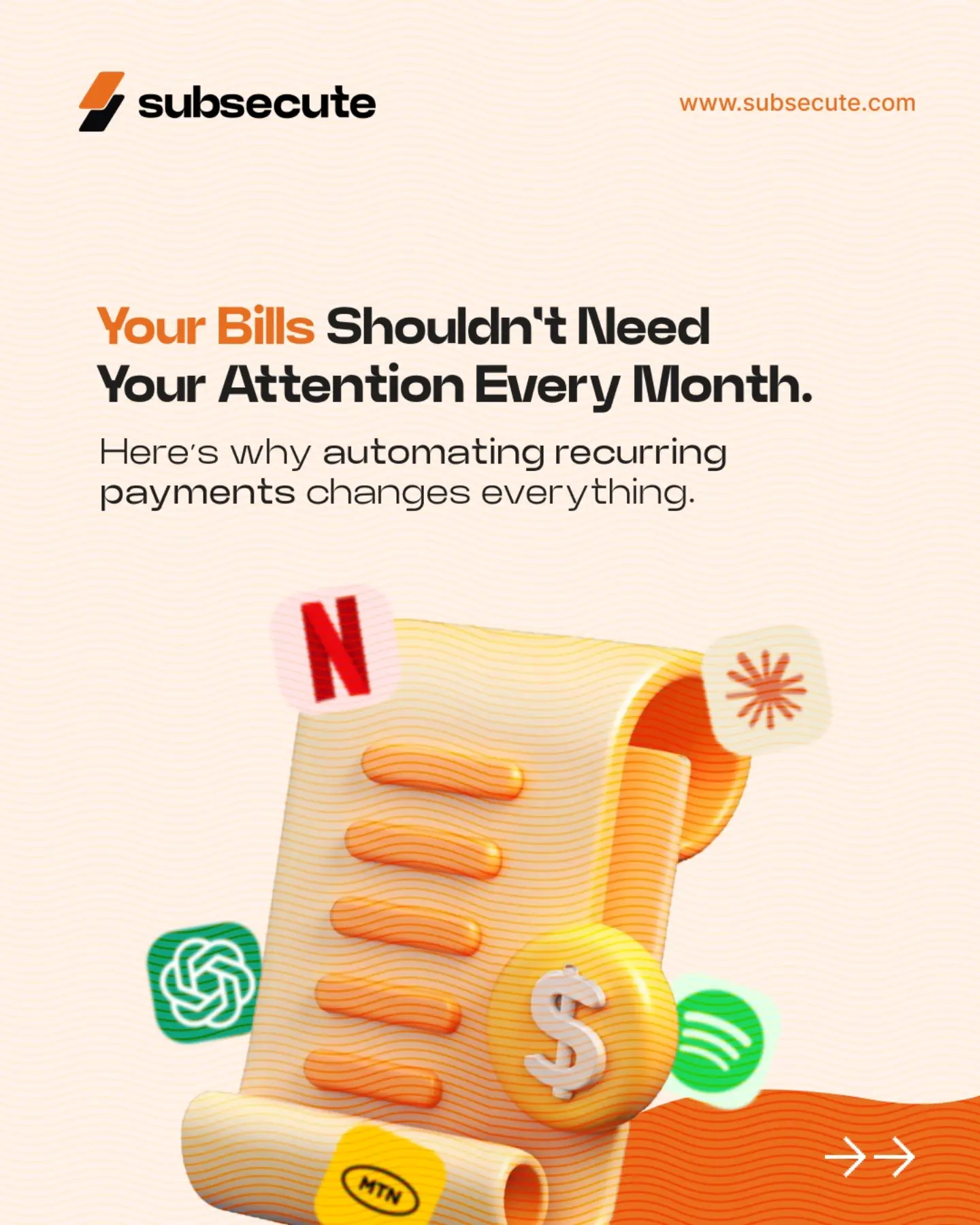A monthly bill illustration wrapped in app logos, under the line "Your bills shouldn't need your attention every month."