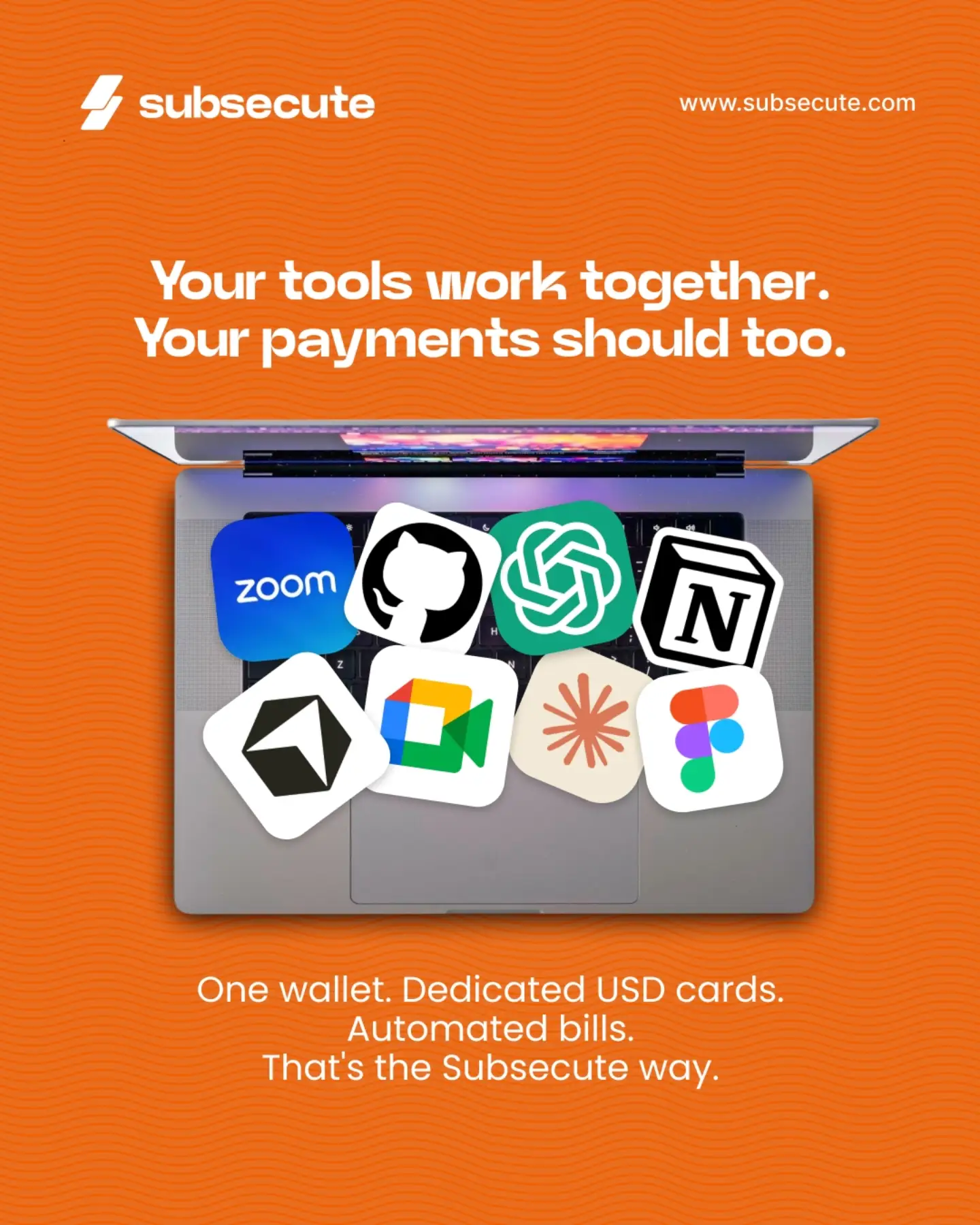 A laptop covered in app icons, with the line "Your tools work together. Your payments should too."