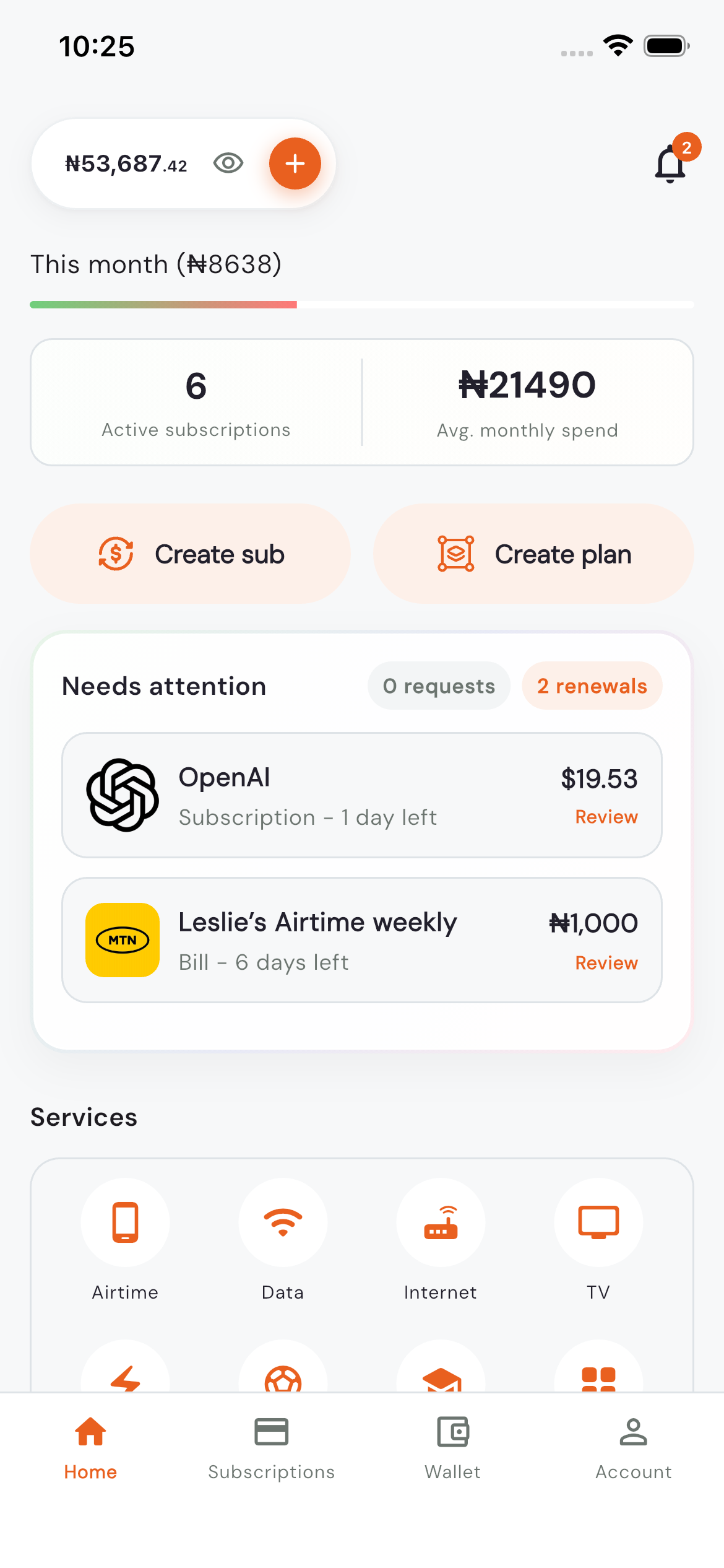 Subsecute app home screen showing wallet balance, active subscriptions, monthly spend, and upcoming renewals