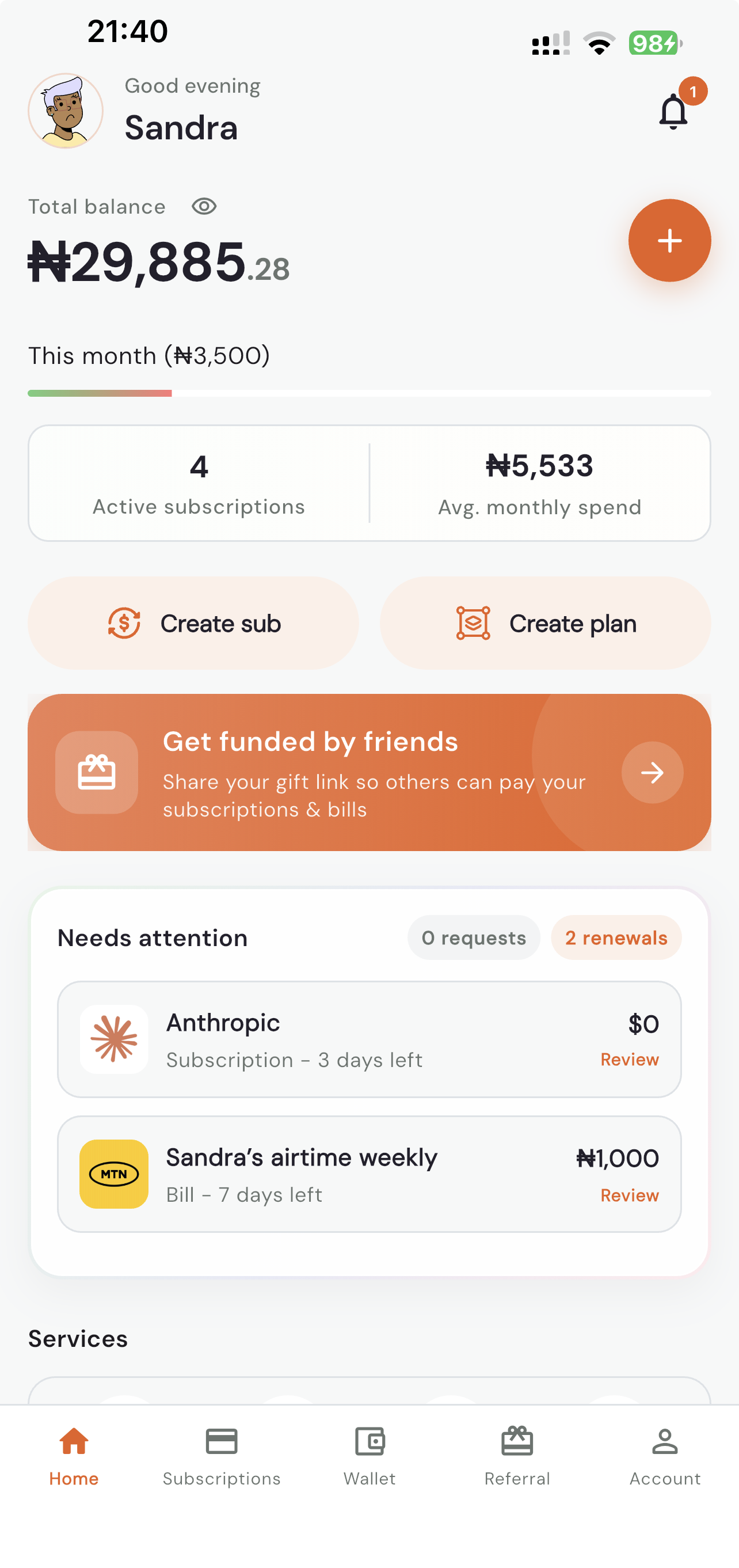 Subsecute app home screen showing a naira wallet balance, four active subscriptions, average monthly spend, a gift link banner, and two renewals needing attention