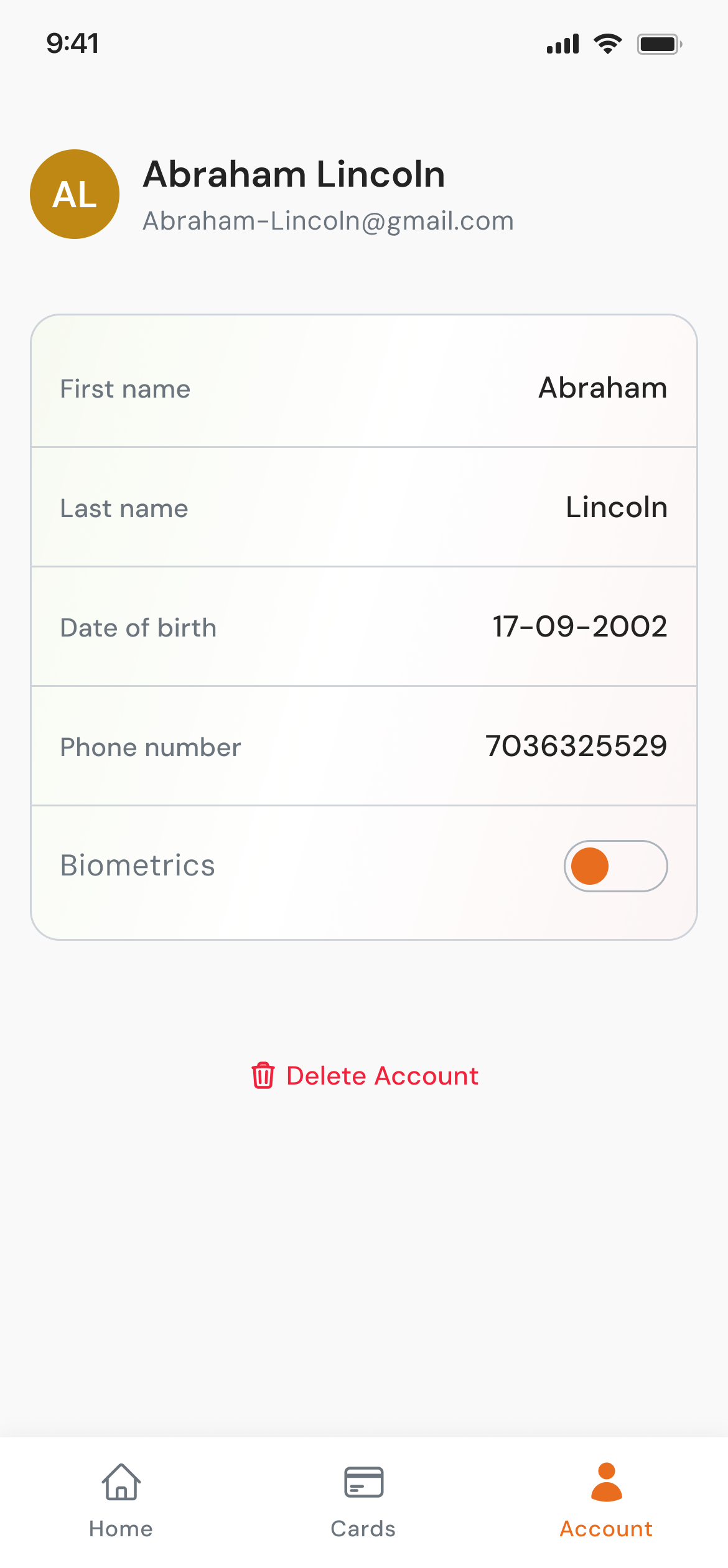 Account settings screen