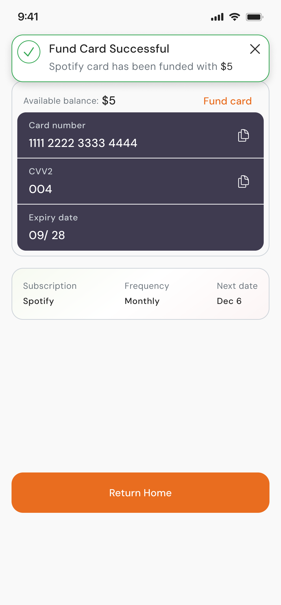 Card funding success screen