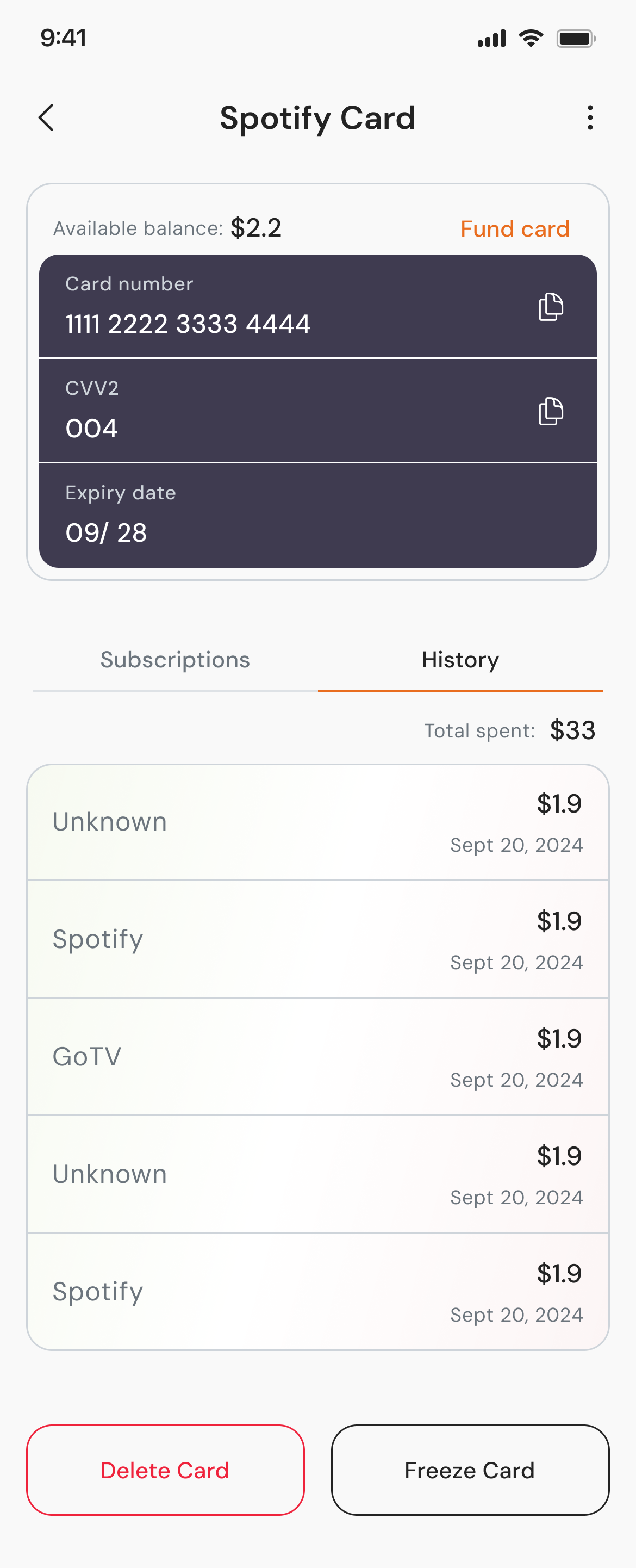 Subscription history screen